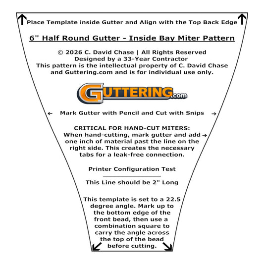 Guttering.com template for 6" half round gutter inside bay miter with instructions and branding by C..David Chase